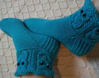 Turquoise owls- Socks slippers Womens girls boys Warm cosy wool socks  Handknitted Gift idea Winter Machine washable Handmade in Finland