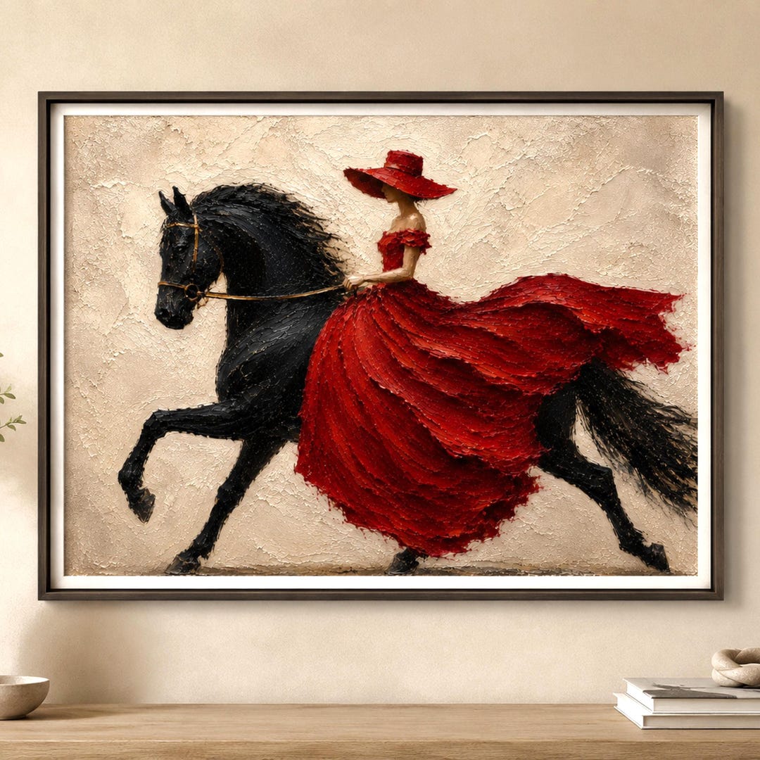 Woman Red Dress Black Horse Oil Painting Print, Romantic Equestrian Art ...