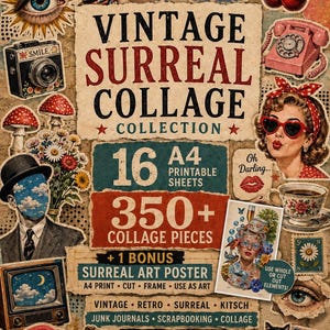 May include: A digital collage collection featuring 16 A4 printable sheets with over 350 vintage surreal art pieces. The design includes retro imagery like a rotary phone, cherries, a cat, mushrooms, and text reading Vintage Surreal Collage Collection.