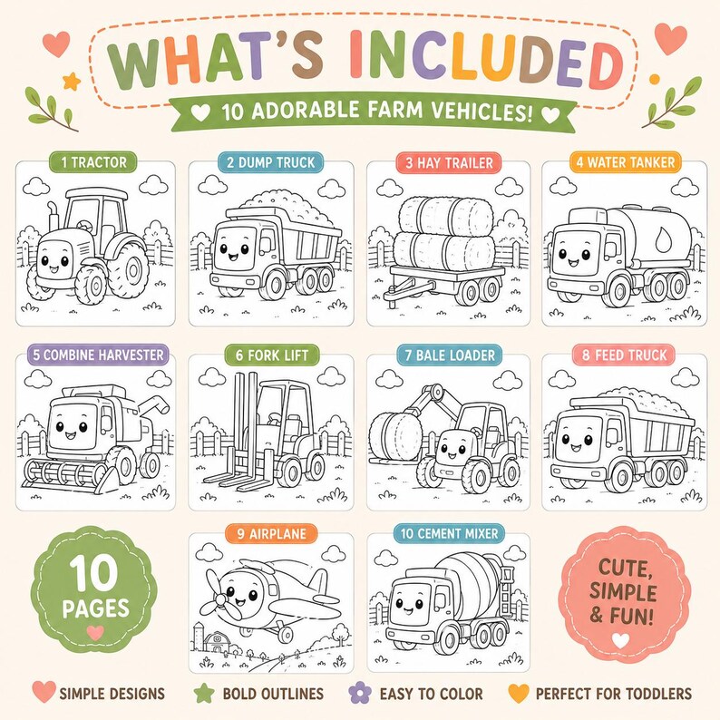 Farm Vehicle Coloring Pages, Tractor Coloring Book, Toddler Printable ...