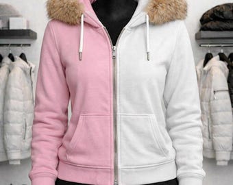 Women’s two‑tone faux fur hoodie zip up, colorblock winter sweatshirt