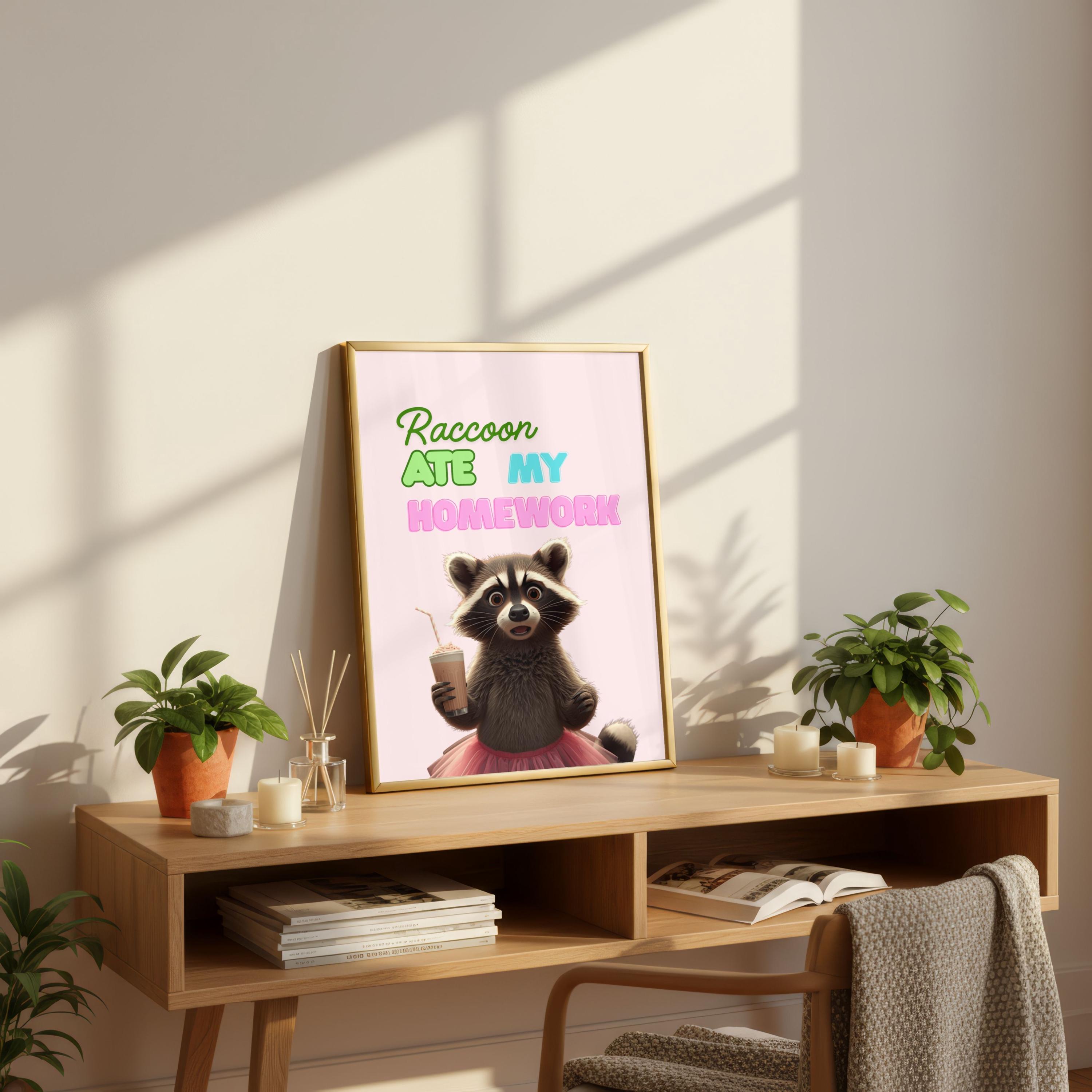 Cute Raccoon Poster | Funny School Wall Art | Playful Pink Decor - Etsy