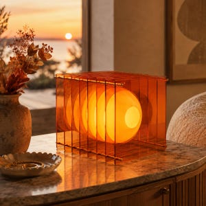 Puede incluir: Una lámpara de mesa rectangular construida con múltiples paneles de acrílico naranja translúcido dispuestos en cuadrícula, con una fuente de luz circular central que emite un brillo cálido a través de la estructura.