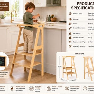 May include: A natural birch plywood learning tower and step stool with a 47 cm by 44 cm by 90 cm frame. It features a standing platform, a lower step, and a detachable activity chalkboard. The structure supports up to 50 kg and includes guard rails.