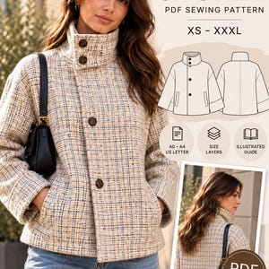 May include: A PDF sewing pattern for a jacket in sizes XS to XXXL. The image displays a beige and black tweed jacket with a high collar, three brown buttons, and side pockets, alongside technical line drawings and a PDF pattern label.