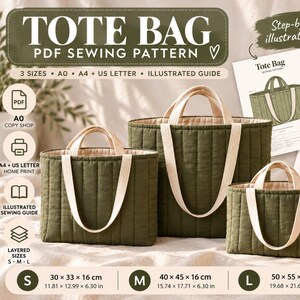 May include: A PDF sewing pattern for a tote bag featuring three olive green quilted bags of varying sizes with cream-colored handles. The image includes text labels for sizes S, M, and L with dimensions in inches and centimeters, plus an illustrated guide.