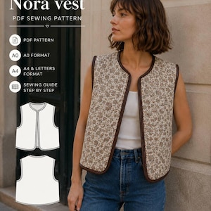 Puede incluir: Un patrón de costura PDF para chaleco Nora, que muestra un chaleco sin mangas con un estampado floral pequeño sobre fondo crema, ribete marrón oscuro y cuello redondo. La imagen incluye texto, iconos y un dibujo técnico del frente y la espalda.