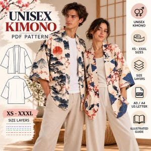 May include: A digital PDF sewing pattern for a unisex kimono, featuring technical line drawings of the garment, size range XS to XXXL, and icons indicating size layers, A0, A4, and US letter formats, and an illustrated guide.