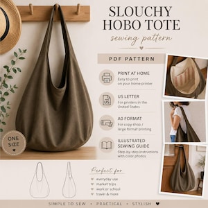 May include: A slouchy hobo tote sewing pattern PDF featuring a large olive green fabric bag with a single shoulder strap. The document includes printing instructions for US letter and A0 formats, an illustrated sewing guide, and line drawings.