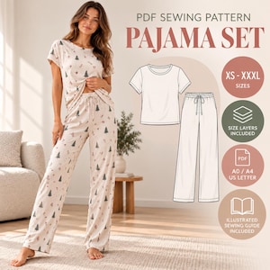 May include: A PDF sewing pattern for a pajama set featuring a short-sleeved top and wide-leg pants with a pine tree and berry print. The digital file includes sizes XS to XXXL, size layers, A0, A4, and US letter formats, and an illustrated guide.