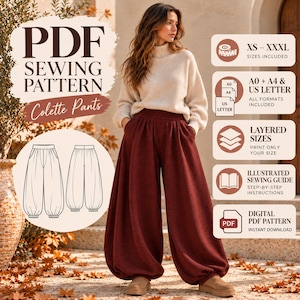 Peut inclure: Un patron de couture PDF pour le pantalon Colette, présentant un dessin au trait de pantalon large avec chevilles élastiquées. Le graphique inclut du texte détaillant les tailles XS-XXXL, les formats A0, A4 et US Letter, et un guide illustré.