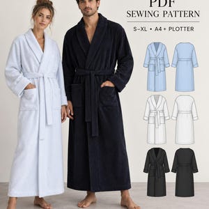 May include: A PDF sewing pattern for a long-sleeved bathrobe with a shawl collar, tie belt, and two front pockets. The image displays a light blue robe and a dark navy robe, along with technical illustrations in blue, white, and black.