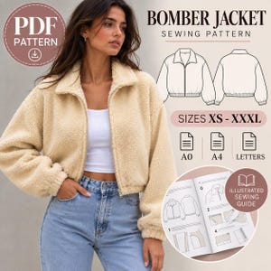 Puede incluir: Un patrón de costura en PDF para una chaqueta bomber, que muestra una chaqueta de forro polar beige con cuello y cremallera, dibujos técnicos del frente y la espalda, tallas XS-XXXL y una guía de costura ilustrada para formatos A0, A4 y carta.