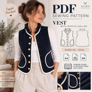 Peut inclure: Un gilet en velours côtelé bleu marine avec un col à volants, un passepoil blanc et des boutons dorés. Le patron de couture numérique présente des dessins techniques du devant et du dos, les tailles XS à XXXL, et des icônes pour les formats A4, US Letter et A0.