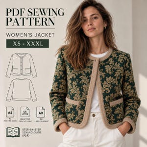 May include: A PDF sewing pattern for a jacket in sizes XS to XXXL. The image displays a jacket with a dark green and gold leaf pattern, featuring a round neckline, long sleeves, and two front pockets with beige trim. Includes A4, US Letter, and A0 formats.