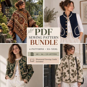 May include: A PDF sewing pattern bundle featuring four distinct garment designs in sizes XS to XXXL. The digital file includes A0, A4, and US Letter formats, along with an illustrated sewing guide for a poncho, a vest, and two different jackets.