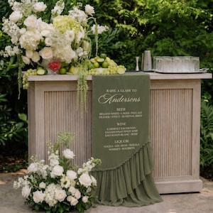 Personalized Ruffled Wedding Bar Banner, Fabric Drink Menu, Signature Cocktail Reception Decor