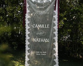 Personalized Sheer Tulle Welcome Banner, Lace Fabric Ceremony Decor, Custom Wedding Entrance Sign