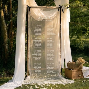 Peut inclure: Un plan de table de mariage pour Scarlett & Noah. Les noms sont affichés sur un panneau transparent, encadré par une structure en bois et drapé de tissu blanc. Deux paniers en osier sont en bas.