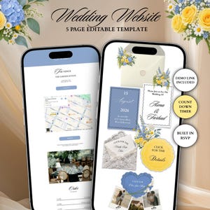 May include: A digital wedding website template displayed on two smartphones, featuring floral graphics, blue and yellow color schemes, and text including Wedding Website, 5 PAGE EDITABLE TEMPLATE, DEMO LINK INCLUDED, COUNT DOWN TIMER, and BUILT IN RSVP.