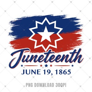 Puede incluir: Un diseño gráfico con un fondo de pinceladas azules y rojas con una estrella blanca dentro de una estrella blanca de doce puntas. Debajo, el texto dice Juneteenth en letra cursiva azul, seguido de JUNE 19, 1865 en letras mayúsculas azules.