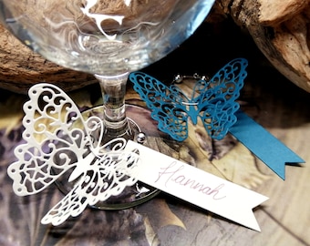 Tarjetas de nombre de lugar de boda de mariposa de filigrana, etiquetas de tallo de copa de vino (10 unidades)