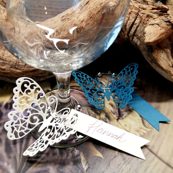 Filigree Butterfly Wedding Place Name Cards Wine Glass Stem Tags (10pcs)