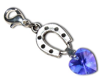 Charm de liga en forma de herradura de la suerte con corazón de cristal Swarovski azul