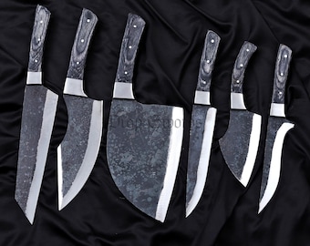 Juego de 6 cuchillos de chef serbios de acero al carbono forjado a mano, madera de pakka gris, estuche de cuero.