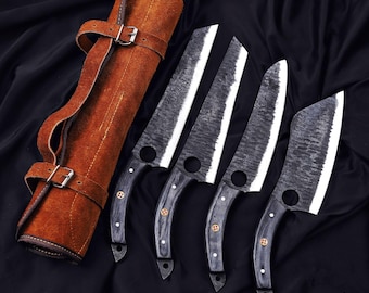 Juego de 4 cuchillos de chef de acero al carbono forjados a mano, juego de cuchillos de acero, juego de cuchillos para barbacoa, regalo para marido, juego de cuchillos de cocina