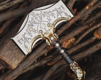 Martillo inspirado en Ragnarok, réplica de Thor, dios de la guerra, mitología nórdica, cabeza de acero, empuñadura de cuero.