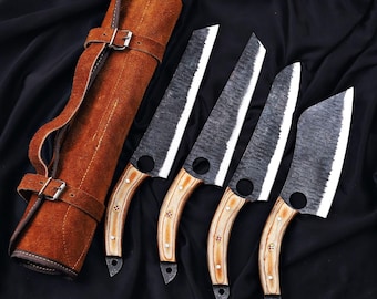 Juego de 4 cuchillos de chef serbios de acero al carbono forjados a mano, juego de cuchillos de acero, juego de cuchillos para barbacoa, regalo para marido, juego de cuchillos de cocina, regalo para él