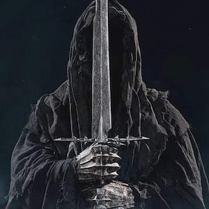 May include: A dark, hooded figure draped in a tattered black cloak, holding a long, metallic sword vertically in front of the face. The figure wears segmented, armored gauntlets that grip the hilt of the sword, which features a sharp, pointed blade.