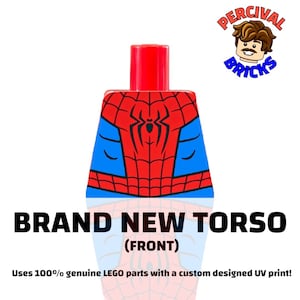 May include: A red and blue plastic LEGO minifigure torso featuring a black spider web graphic on the front. The text BRAND NEW TORSO (FRONT) is printed below the piece, along with the text Uses 100% genuine LEGO parts with a custom designed UV print!
