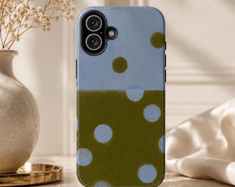 Capa de celular com estampa abstrata de bolinhas | Bolinhas verde-oliva e azul-ardósia