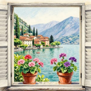 May include: A colored pencil drawing of an open window with white shutters looking out onto a lake, mountains, and a village with terracotta roofs. Two terracotta pots containing pink and purple geranium flowers sit on the window sill.