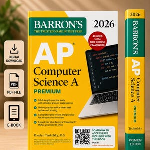 Peut inclure: Un manuel de préparation aux examens Barron's 2026 AP Computer Science A Premium avec une couverture jaune et verte. La couverture présente un ordinateur portable affichant du code, un QR code et du texte détaillant cinq tests complets.