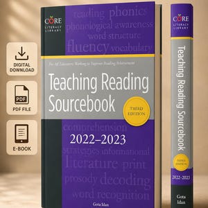 Peut inclure: Un livre intitulé "Teaching Reading Sourcebook" avec une couverture violette et blanche. Le livre comprend le texte "2022-2023" et "Troisième édition". Un livre plus petit avec le même titre est à côté. Icônes de téléchargement numérique, fichier PDF et E-book à gauche.