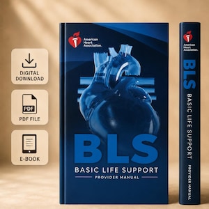 Peut inclure: Un livre bleu intitulé "BLS Basic Life Support Provider Manual" avec une illustration de cœur. Le logo de l'American Heart Association est en haut. Icônes de téléchargement numérique, fichier PDF et e-book à gauche.