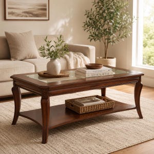 May include: A rectangular, dark brown coffee table with a glass top and a lower shelf. The table has ornate legs and is accessorized with a woven tray, books, and a vase with greenery. The room has a neutral color palette.