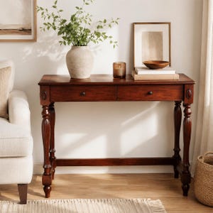 May include: A dark wood console table with two drawers, a vase of greenery, and decorative items. The table has turned legs and a rich, reddish-brown finish. A framed picture and a wooden bowl sit on top of the table.