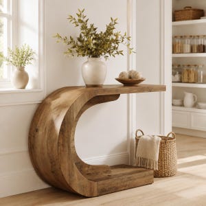 May include: A C-shaped wooden console table with a natural wood grain finish. The table features a curved base that extends into a flat top surface. It is displayed with a ceramic vase containing green foliage and a small bowl with decorative spheres.