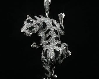 Iced Out Panther Pendant, 4 Ctw Moissanite 925 Sterling Silver, Climbing Leopard Necklace, Black Enamel Hip Hop Pendant, Gift for Him