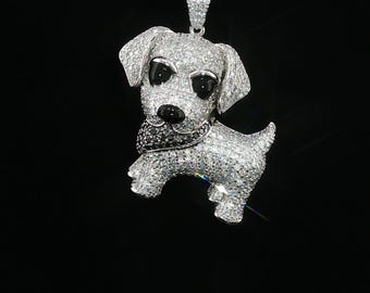 925 Sterling Silver Iced Puppy Pendant with Black Enamel - 3.91Ctw Moissanite Available with White color