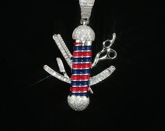 925 Sterling Silver Barber Iced Out Barber Pole Pendant - 1.24Ctw Moissanite, Available with White and Gold Finished, 33mm
