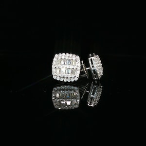 925 Sterling Silver Cushion Halo Stud Earrings | 0.89ct VVS Moissanite Iced Out Baguette Cluster Screw Back Studs | 8mm | White & Yellow