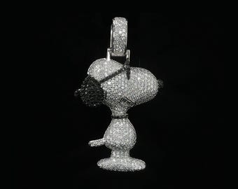 Iced Out Cartoon Dog Pendant, 925 Sterling Silver Moissanite Pendant 2.28 Ctw, Hip Hop Beagle Charm, Black & White Moissanite Necklace Gift