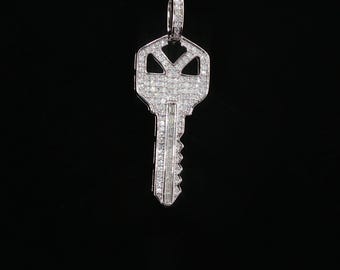 925 Sterling Silver Key Pendant | VVS Moissanite Iced Out Baguette & Round House Key Charm | White Gold Finish | 34mm and 43mm