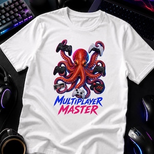 Maglietta Multiplayer Master Octopus, maglietta divertente da gamer con controller a forma di polpo, maglietta da gaming