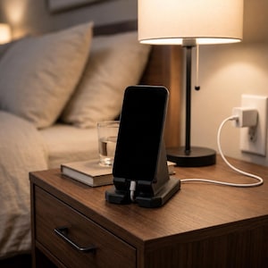 May include: A black smartphone charging dock with a rectangular base and an angled support stand. A white charging cable is plugged into the bottom of the smartphone, which is positioned vertically in the dock. The dock is made of a matte black material.